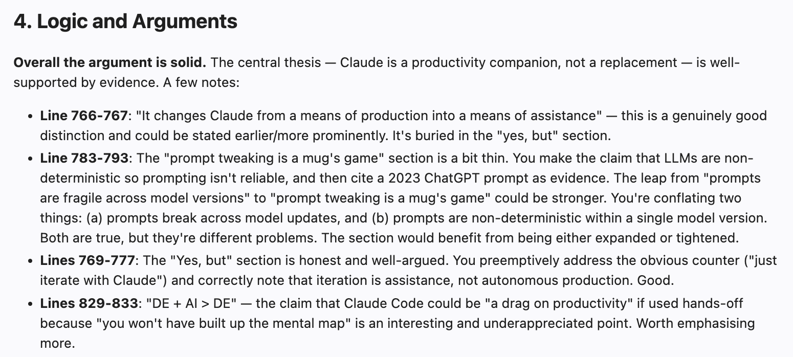 Screenshot of Claude’s proofreading feedback on a blog post